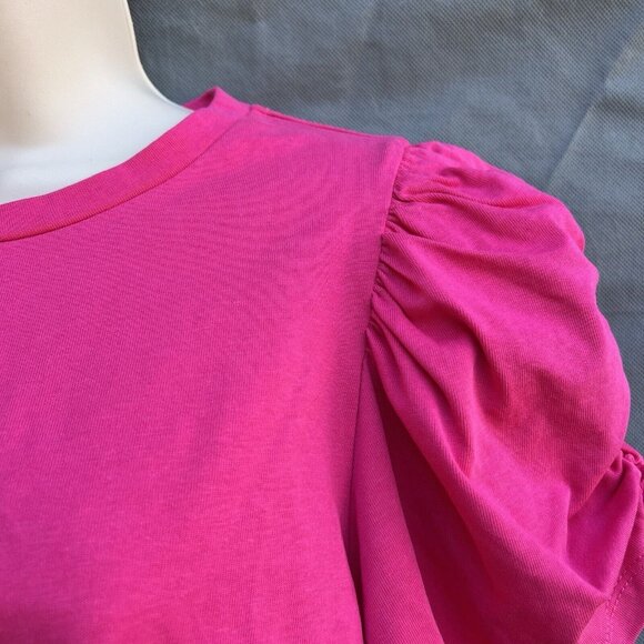 English Factory Size L Hot Pink Puff Short Sleeves 100% Cotton Tee Shirt Blouse - Picture 4 of 5